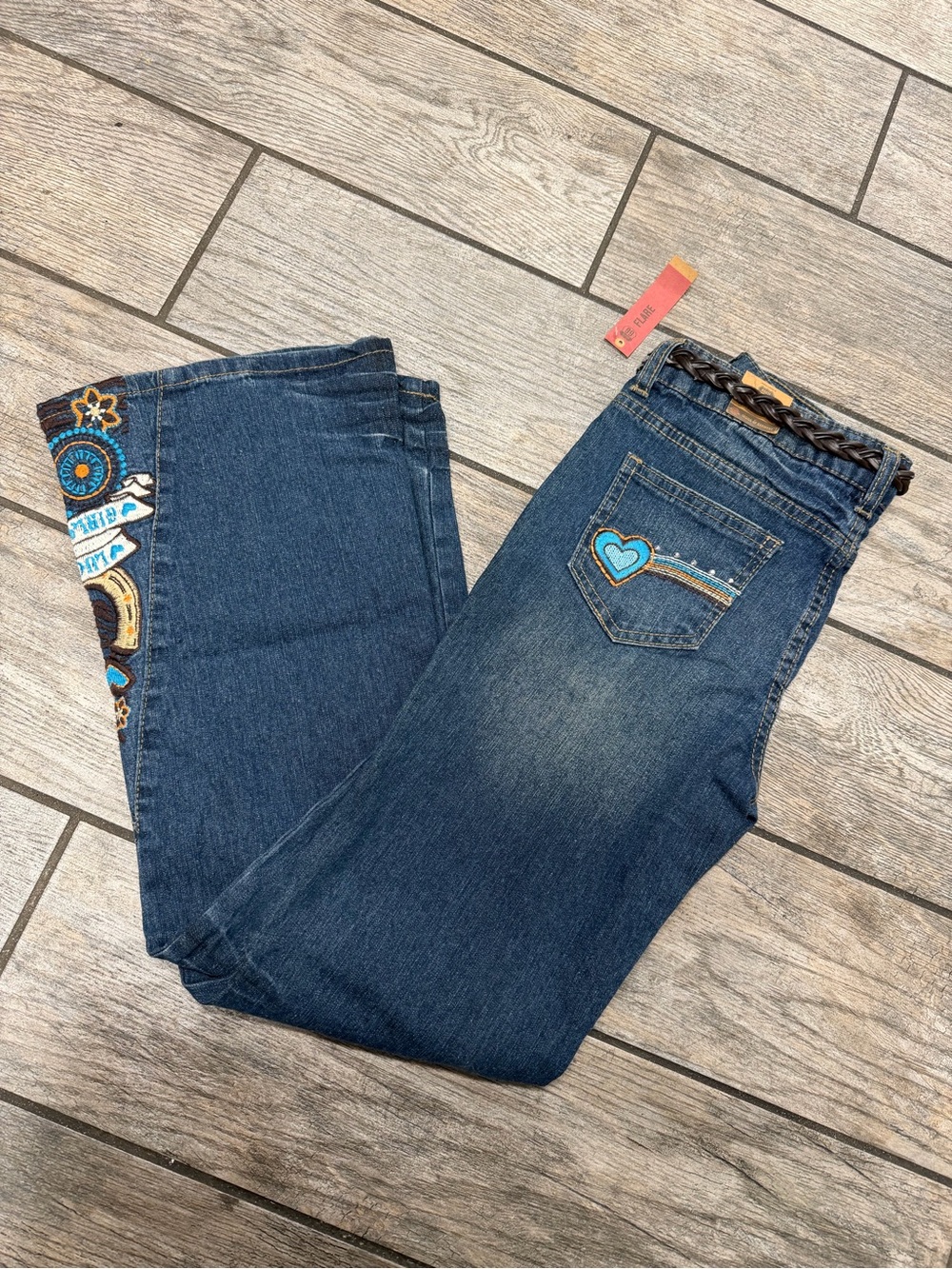 Route 66 Girls adjustable Waistband Embroidered Blue Flare Belted Denim Jeans